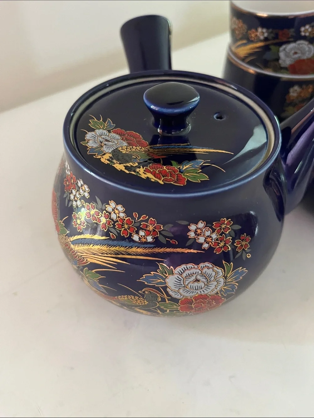 Vintage Porcelain Tea Set /side handle and 5 cups  Blue/gold with floral design